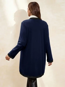 Chikora Plus Size Women Elegant & Comfortable Metal Button Closure Long Warm Cardigan, Black & White - Navy Blue - View 2
