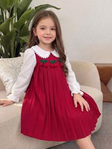 SHEIN Genkimix Kids 女童甜美櫻桃拼接洋裝，蕾絲飾邊彼得潘領泡泡長袖百褶A字領派對洋裝，適合秋季 - 紅色 - 查看 5