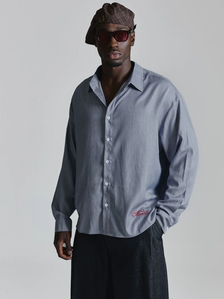 Musero Collared Long Sleeve Shirt Small Contrast Embroidery Autum Winter Essentials - Blue - View 1