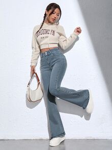 INAWLY INAWLY Women's Casual Daily Denim Flare Pants With Pockets And Buttons - Blue - View 5
