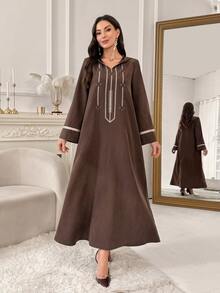 Al Najma Women's Striped Long Sleeve Casual Hooded Arabian Dress - Chocolate Brown - View 5