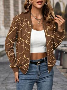 EMERY ROSE Women's Geometric Print Long Sleeve Zip-Up Baseball Jacket - Coffee Brown - View 4