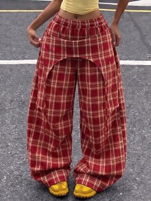 Kids Tween Girl Deconstructed Design Plaid Wide Leg Loose Long Pants - Red - View 6