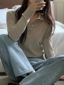 DAZY 女款純色修身長袖 Polo 領休閒度假韓風秋冬針織毛衣 - 粉色 - 查看 6