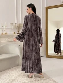 Al Najma Women's Floral Embroidered Button Half-Placket Long Sleeve Elegant Arabian Dress - Khaki - View 2