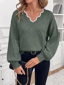 SHEIN Frenchy Women's Minimalist Versatile Colorblock Long Sleeve Sweater For Daily Commute - Green - View 2