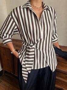 Dazy Plus Solid Color Lapel Half-Open Front Hem Tie White Long Sleeve Shirt Plus Size Women Spring Autumn - Khaki - View 5