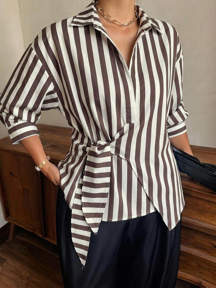 Dazy Plus Solid Color Lapel Half-Open Front Hem Tie White Long Sleeve Shirt Plus Size Women Spring Autumn - Khaki - View 1