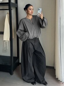 Livesso Small Round Neck Loose Lantern Sleeve Design Jacket, New Autumn/Winter Blogger Casual Outfit Wool Blend - Grey - View 3