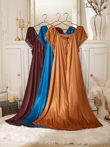 MuseNap CURVE Solid Color 3 Pieces Plus Size Women's Contrast Lace Front Tie Nightgown Set - Multicolor - View 1