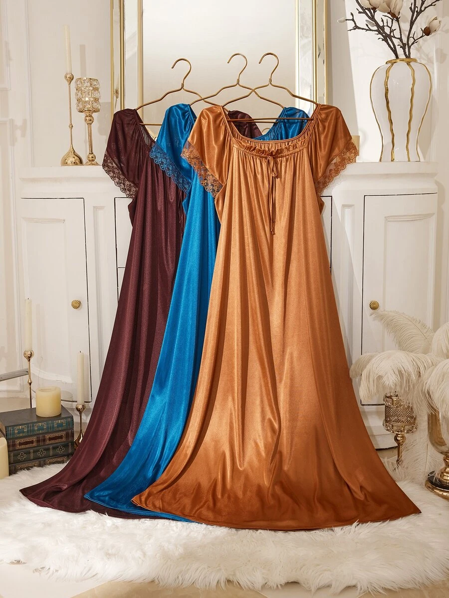 MuseNap CURVE Solid Color 3 Pieces Plus Size Women's Contrast Lace Front Tie Nightgown Set - Multicolor - View 1