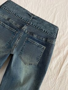 Elamini Women's Casual Denim Flare Pants With Waist Ring Connector - Blue - View 5