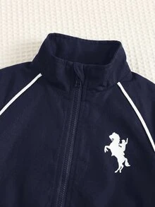 SHEIN 嬰兒男童與女童加厚工裝風黑色立領夾克長袖衛衣與黑色慢跑褲套裝，舒適百搭休閒時尚日常運動極簡百搭風格，適合秋冬室內滑雪、戶外日常運動、派對與拍照 - 藏蓝色 - 查看 4