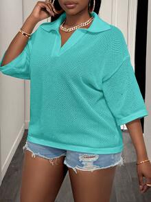 Slaydiva Plus Size Women Solid Color Collared Drop Shoulder Casual Knit Top - Baby Blue - View 4