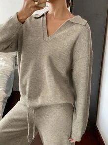 Livesso Petite Women's Solid Color Drop Shoulder Long Sleeve Sweater And Knit Pants Casual 2 Pieces Set - Khaki - View 5