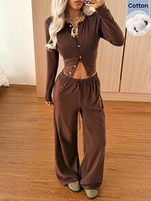 SHEIN EZwear Women's Solid Color Pleated Long Sleeve Top And Pants Casual Daily Set Going Out Dark Brown Winter - Coffee Brown - View 7