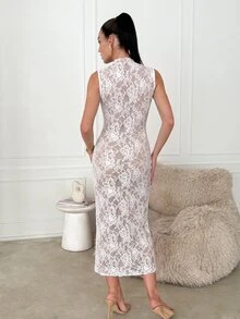 Lavishia 女款優雅性感蕾絲拼接長洋裝，長袖修身白色花卉，高彈性面料，夏季茶會雞尾酒禮服 - 白色 - 查看 2