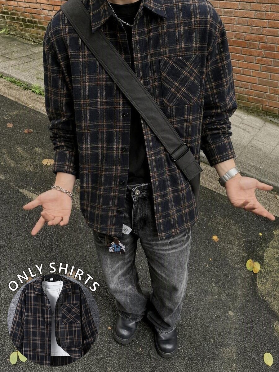 兒童青少年男孩休閒棕色格紋長袖梭織開襟襯衫，舒適寬鬆格紋領襯衫，適合秋季返校季