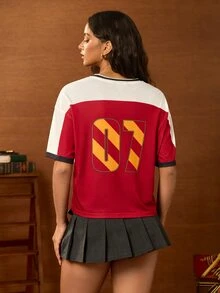 HARRY POTTER X SHEIN Kaos Wanita Motif Kartun Patchwork Blok Warna - Putih - View 2