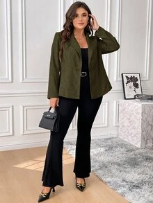 SHEIN Essnce 大尺碼優雅通勤西裝外套 - 軍綠色 - 查看 5