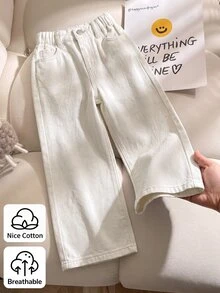 SHEIN 女童奶油白色水洗新款四季通用休閒時尚極簡高腰寬腿牛仔長褲，年輕女孩彈性腰帶日常百搭寬鬆長褲 - 米色 - 查看 1
