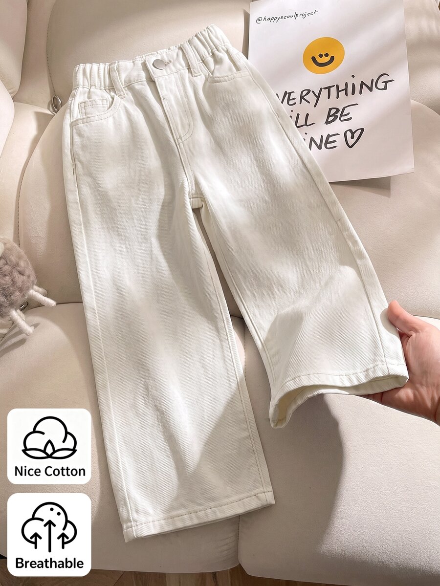 SHEIN 女童奶油白色水洗新款四季通用休閒時尚極簡高腰寬腿牛仔長褲,年輕女孩彈性腰帶日常百搭寬鬆長褲 - 米色 - 查看 1