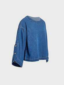 Women's Round Neck Casual Daily Denim Jacket - Blue - View 4