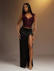 Hauture Plum Brown Sweetheart Neckline Sculpted High Stretch Bandage Top - Burgundy - View 6