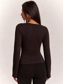 SHEIN BAE Women's Casual Versatile Long Sleeve Ruched Top For Daily Wear - Coffee Brown - View 2
