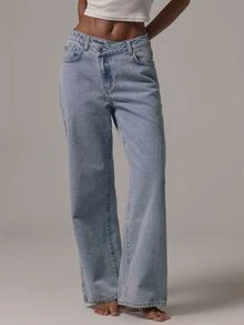 MUSERA Asymmetric Waistband Loose Fit Mid Rise Straight Leg Fit Denim Jeans Autumn Winter Fall Daily Eveyday Core Denim - Baby Blue - View 2
