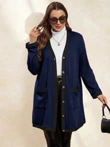 Chikora Plus Size Women Elegant & Comfortable Metal Button Closure Long Warm Cardigan, Black & White - Navy Blue - View 6