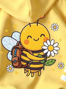 (1 Pc) Baby Girls Fall Winter Cute Bee & Flower Yellow Sweatshirt Hooded Sweatshirt Striped Contrast Color - Multicolor - View 3