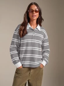 Athîral 女款休閒拼色 Polo 領紅色條紋 T 恤，秋季服飾 - 灰色 - 查看 4