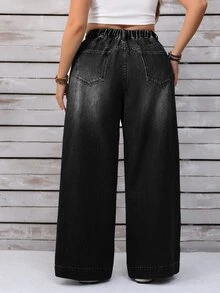 SHEIN CURVE+ Plus Size Women's Button Fly Casual Loose Wide Leg Denim Jeans - Black - View 3