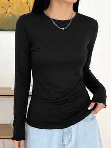 DAZY Women's Solid Color Round Neck Long Sleeve Casual Versatile T-Shirt - Black - View 3