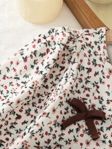 SHEIN 女童2件套：甜美碎花編織燈芯絨上衣，3D蝴蝶結，圓領，長袖收口袖口，A字下擺，搭配純色直筒寬腿褲，適合日常穿著、外出、派對聚會，春秋季 - 棕色 - 查看 5