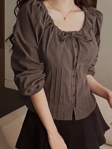 DAZY 女款純色前綁帶單排扣休閒襯衫 度假風 - 棕色 - 查看 2