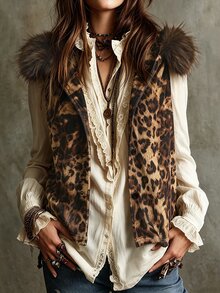 Trelyra Women's Plush Patchwork Hooded Leopard Print Casual Versatile Vest - Multicolor - View 1