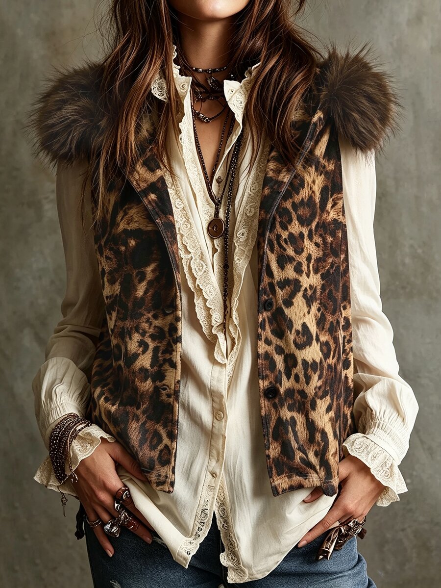 Trelyra Women's Plush Patchwork Hooded Leopard Print Casual Versatile Vest - Multicolor - View 1