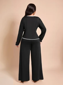 Brilight Contrast Trim Side Drawstring Long Sleeve Top & Wide Leg Pants 2 Pieces Outfit Loose Casual Loungewea - Black - View 2