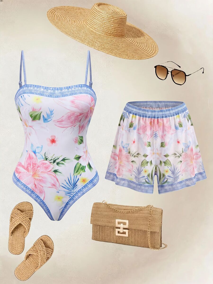 Swim Oasis 26SS Spring/Summer Pink Water Wave & Coconut Tree Print One-Piece Swimsuit With Bikini Bottoms 2 Pieces Set - Multicolor - View 1