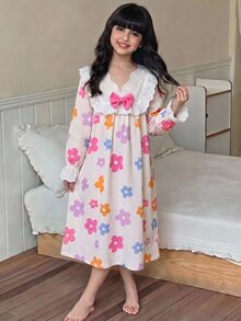 SHEIN 少女粉色碎花睡裙，3D蝴蝶結裝飾可愛蕾絲洋裝 - 彩色 - 查看 8