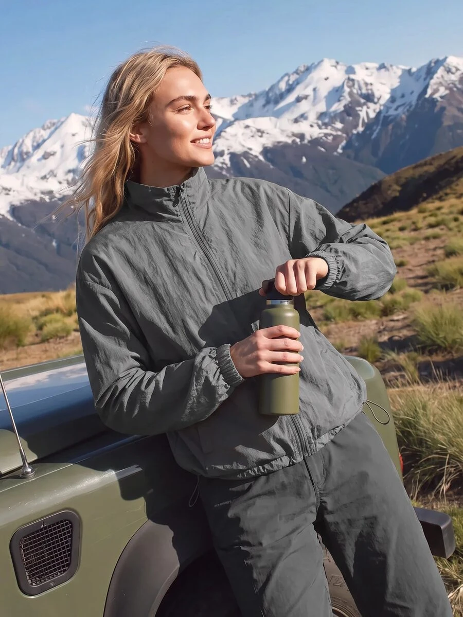 WanderVale Jaket Olahraga Wanita Gaya Sederhana Warna Abu-abu, Cocok untuk Olahraga, Kebugaran, dan Pemakaian Sehari-hari - Dark Grey - View 1