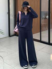 DAZY Setelan Dua Potong Wanita Atasan Lengan Panjang dan Celana Rajut Warna Polos - Navy Blue - View 6