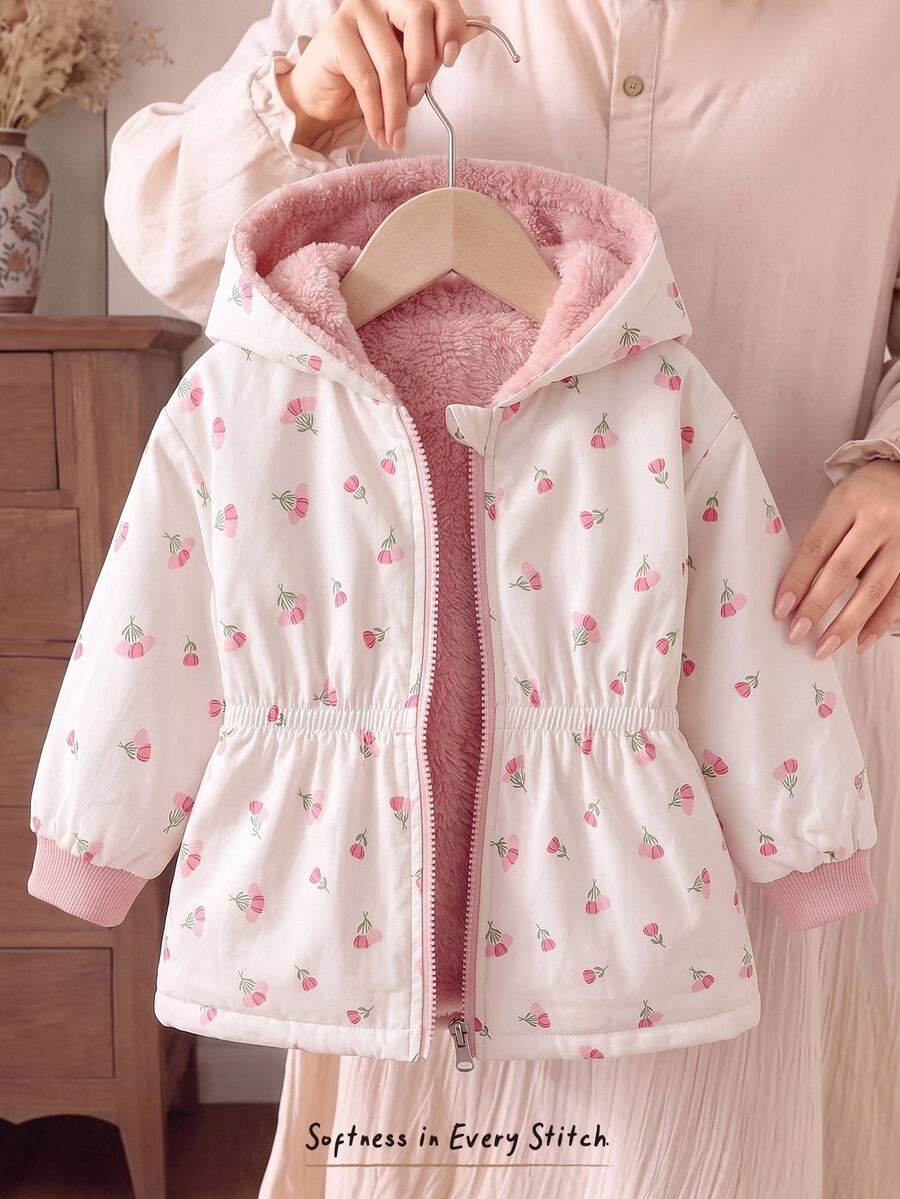 Cozy Pixies Baby Girl Woven Floral Pattern Faux Fur Stand Collar Hooded Casual Jacket - Multicolor - View 1