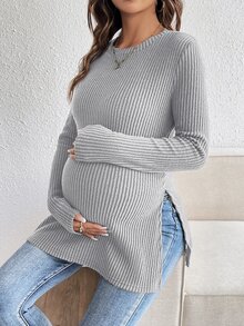 SHEIN 孕婦純色休閒日常長袖T恤 秋季 - 灰色 - 查看 3