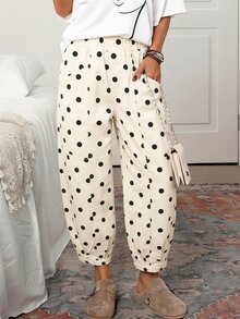 SHEIN CURVE+ Plus Size Women's Polka Dot Casual Versatile Everyday Jeans - Black and White - View 1