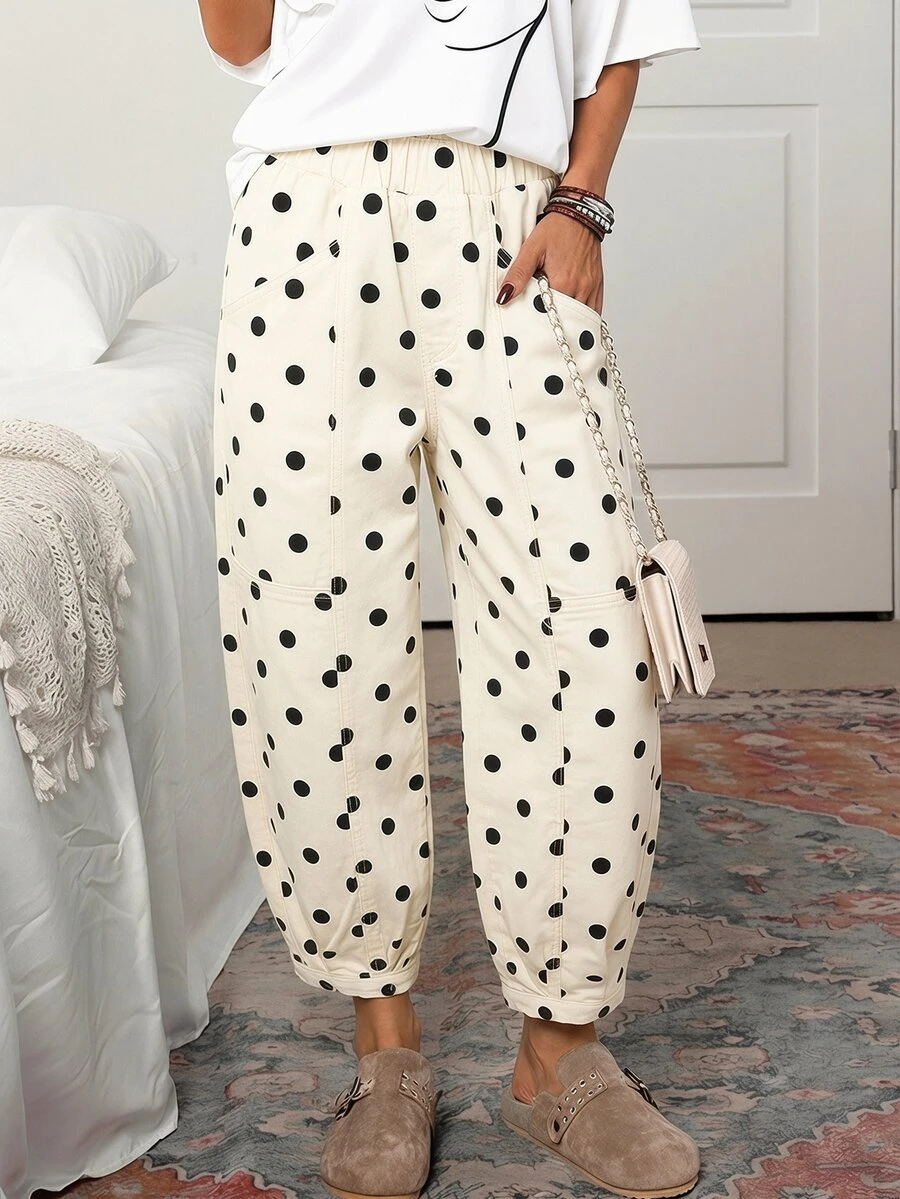 SHEIN CURVE+ Plus Size Women's Polka Dot Casual Versatile Everyday Jeans - Black and White - View 1