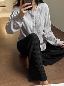 DAZY Women's Solid Color Long Sleeve Top And Pants Casual Daily Homewear Set - Grey - View 6