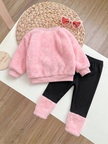 SHEIN 2件組可愛女嬰毛絨卡通圖案長袖衛衣與彈性腰長褲套裝，秋冬款 - 粉色 - 查看 8